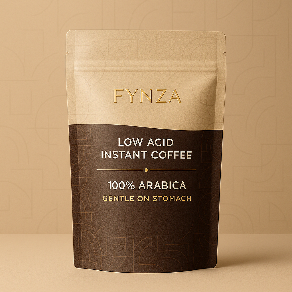 Fynza low acid instant coffee pouch placed on a table, designed for people searching for coffee for acidity relief.