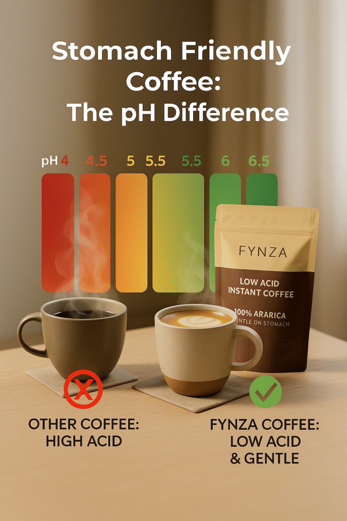 Stomach friendly coffee pH comparison chart showing FYNZA low-acid instant coffee versus high-acid regular coffee on a table.