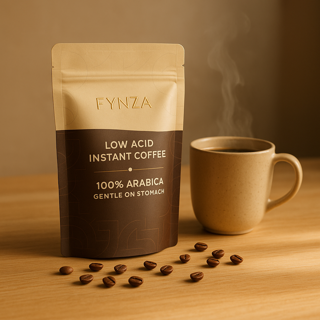 does coffee cause acidity? your answer is here introducing fynza coffee placed on a table surrounded with 100% arabica coffee beans with a cup of coffee