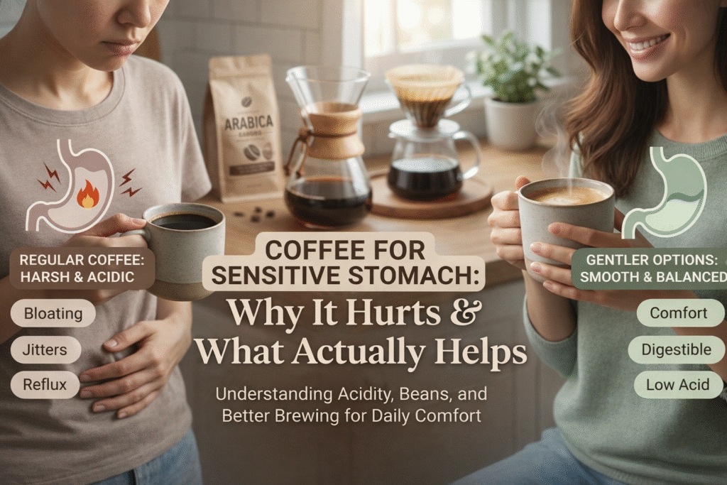 Visual comparison of regular acidic coffee versus low-acid coffee for sensitive stomachs, explaining bloating, reflux, jitters, and how gentler coffee improves digestion. coffee for sensitive stomach