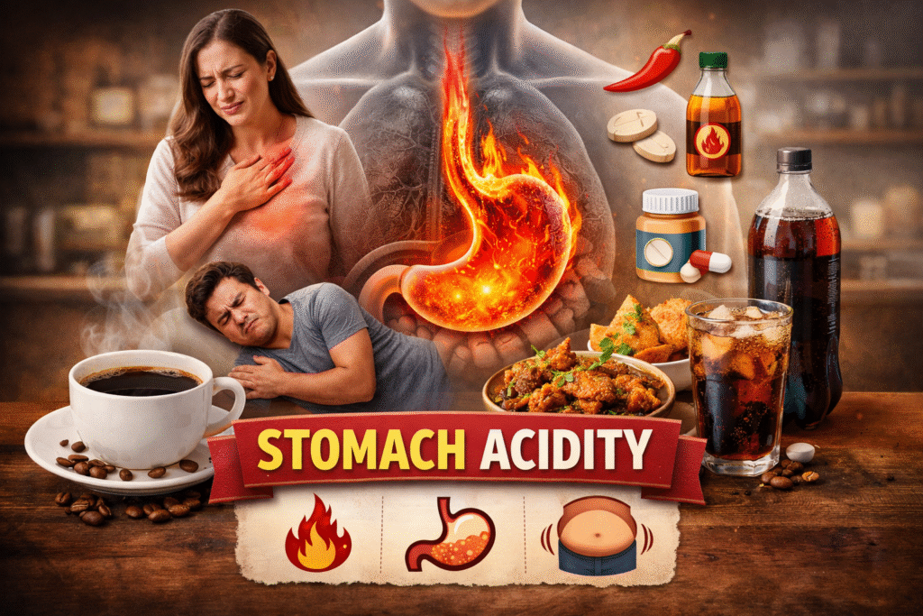 Illustration showing stomach acidity symptoms like heartburn, gas and bloating, with coffee acidity and spicy food as common triggers